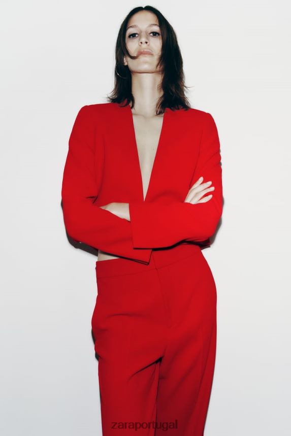 calça cintura alta corte reto mulheres Zara vermelho brilhante Z2080L888 roupas