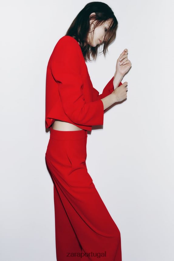 calça cintura alta corte reto mulheres Zara vermelho brilhante Z2080L888 roupas