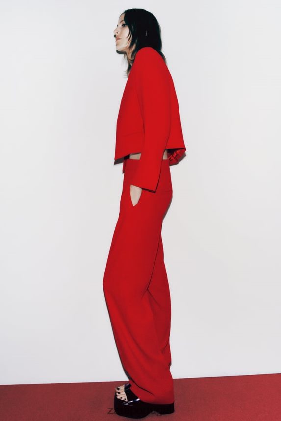 calça cintura alta corte reto mulheres Zara vermelho brilhante Z2080L888 roupas