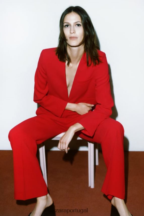 calça cintura alta corte reto mulheres Zara vermelho brilhante Z2080L888 roupas