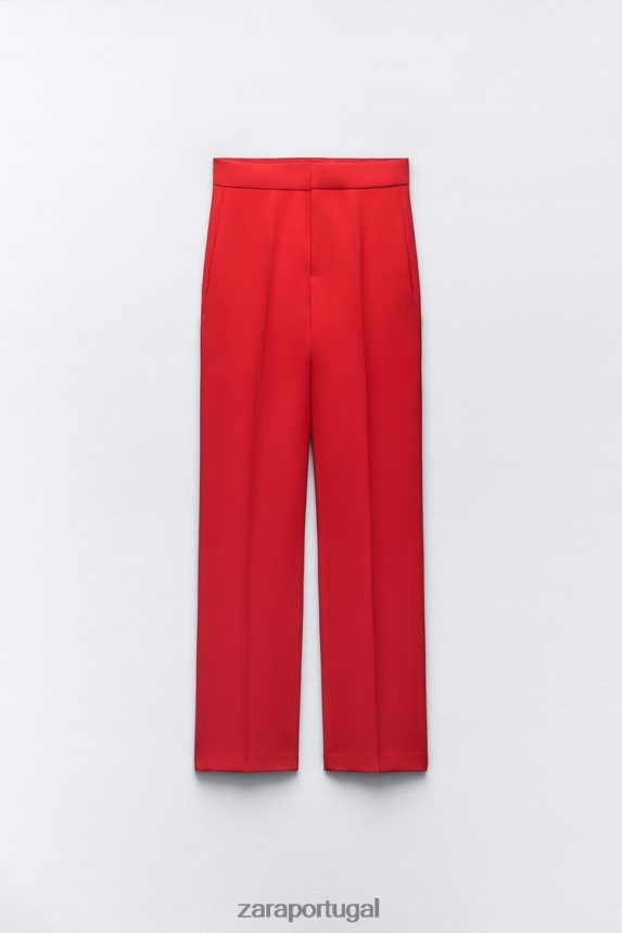 calça cintura alta corte reto mulheres Zara vermelho brilhante Z2080L888 roupas