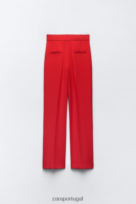 calça cintura alta corte reto mulheres Zara vermelho brilhante Z2080L888 roupas