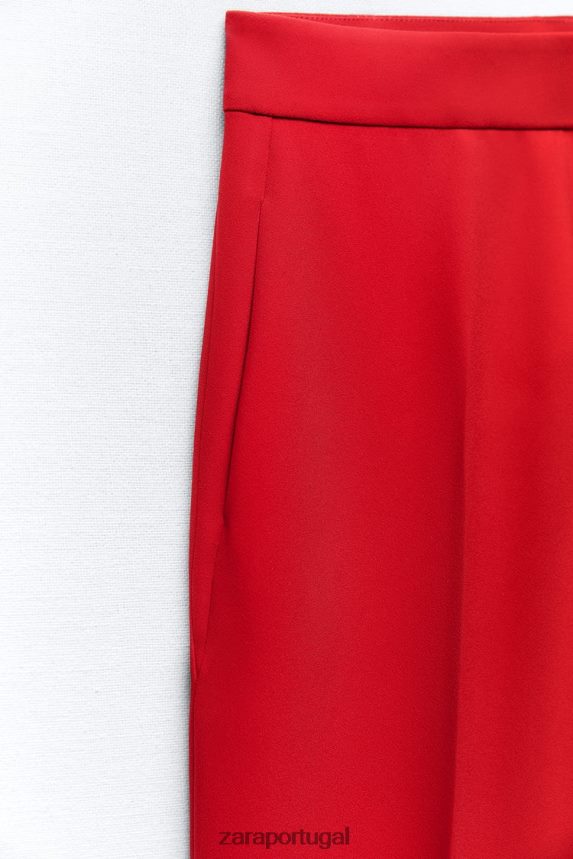 calça cintura alta corte reto mulheres Zara vermelho brilhante Z2080L888 roupas