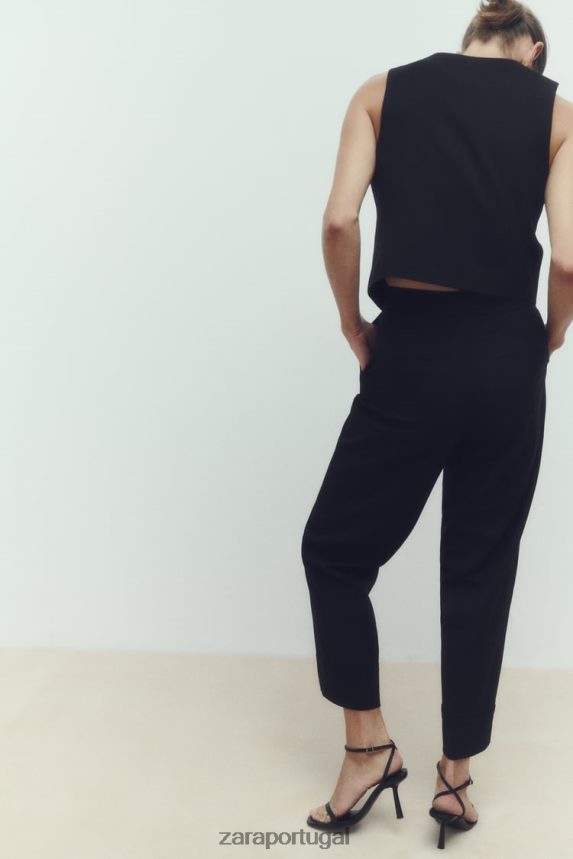 calça reta com punho virado mulheres Zara preto Z2080L884 roupas