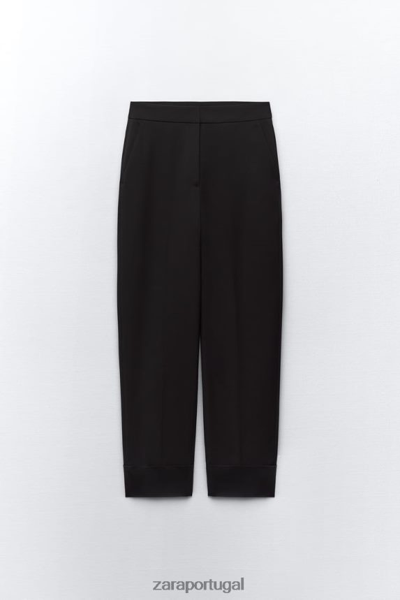 calça reta com punho virado mulheres Zara preto Z2080L884 roupas