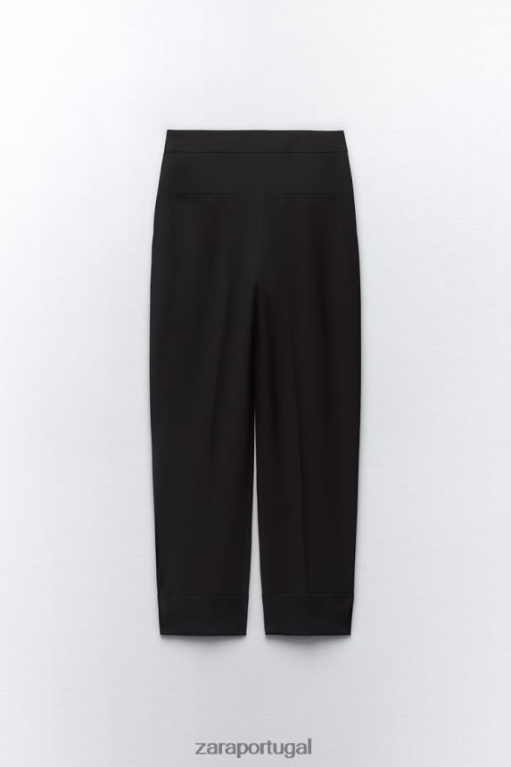 calça reta com punho virado mulheres Zara preto Z2080L884 roupas