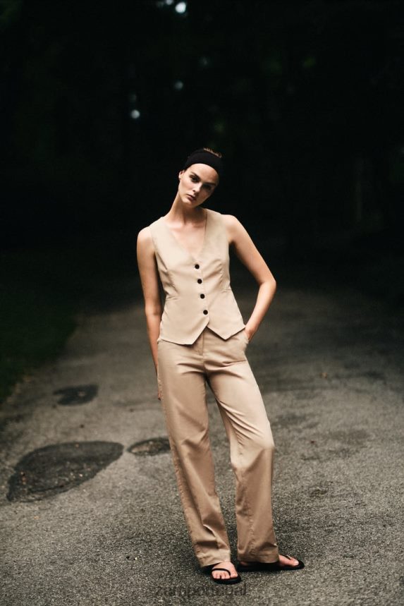 calça reta mistura de linho mulheres Zara areia Z2080L887 roupas