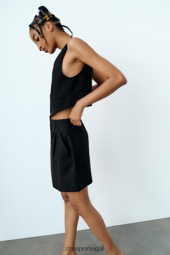 colete cropped mesclado de linho mulheres Zara preto Z2080L902 roupas