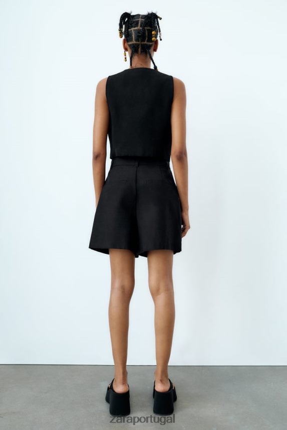 colete cropped mesclado de linho mulheres Zara preto Z2080L902 roupas