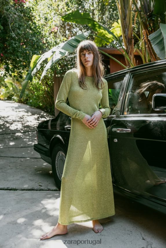 vestido com fio metálico mulheres Zara verde Z2080L230 roupas