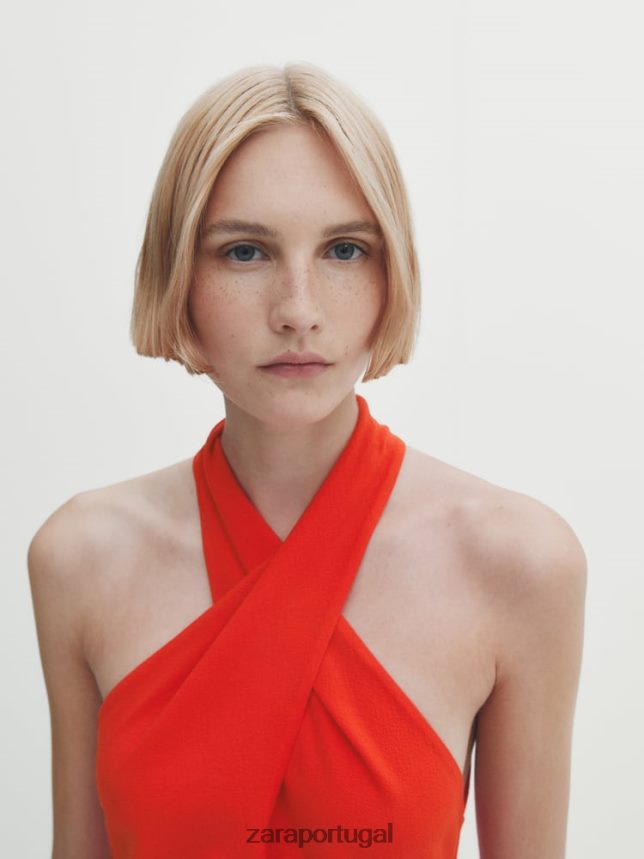 vestido cruzado com decote halter franzido mulheres Zara laranja Z2080L860 roupas