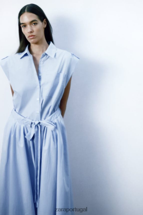 vestido de camisa de popeline mulheres Zara céu azul Z2080L238 roupas