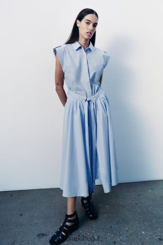 vestido de camisa de popeline mulheres Zara céu azul Z2080L238 roupas