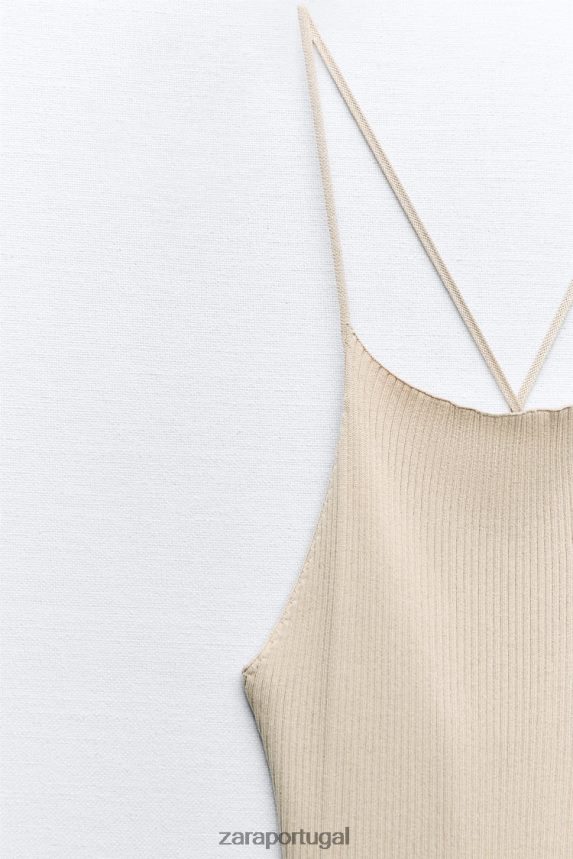 vestido de malha canelada mulheres Zara bege Z2080L229 roupas