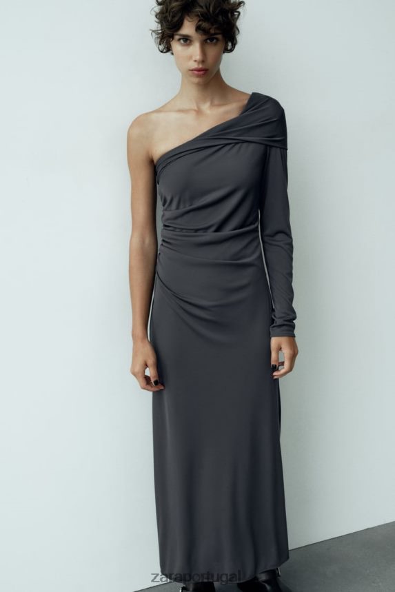 vestido drapeado assimétrico mulheres Zara cinza antracite Z2080L243 roupas