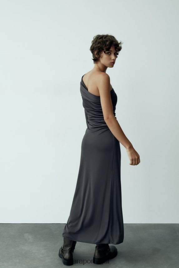 vestido drapeado assimétrico mulheres Zara cinza antracite Z2080L243 roupas