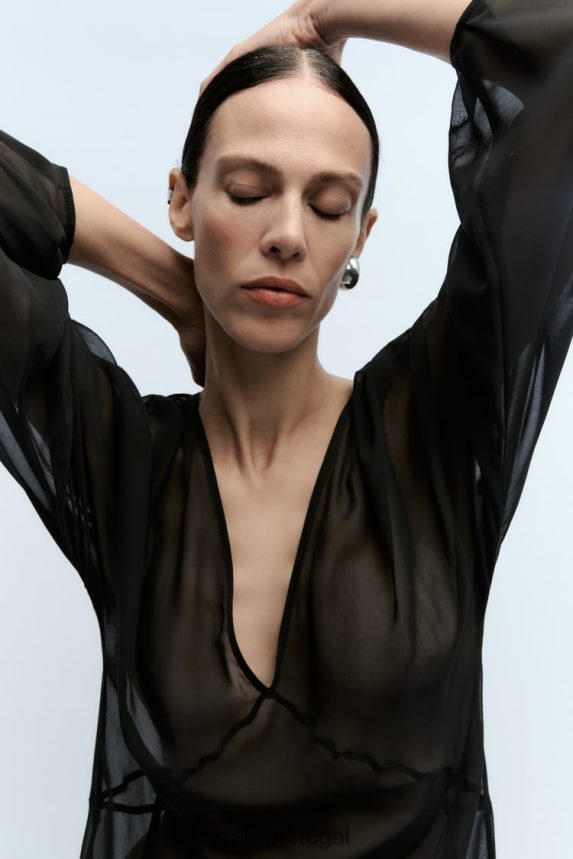 vestido longo semitransparente mulheres Zara preto Z2080L829 roupas