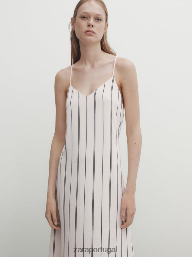 vestido midi listrado e esvoaçante com tiras mulheres Zara cru Z2080L848 roupas