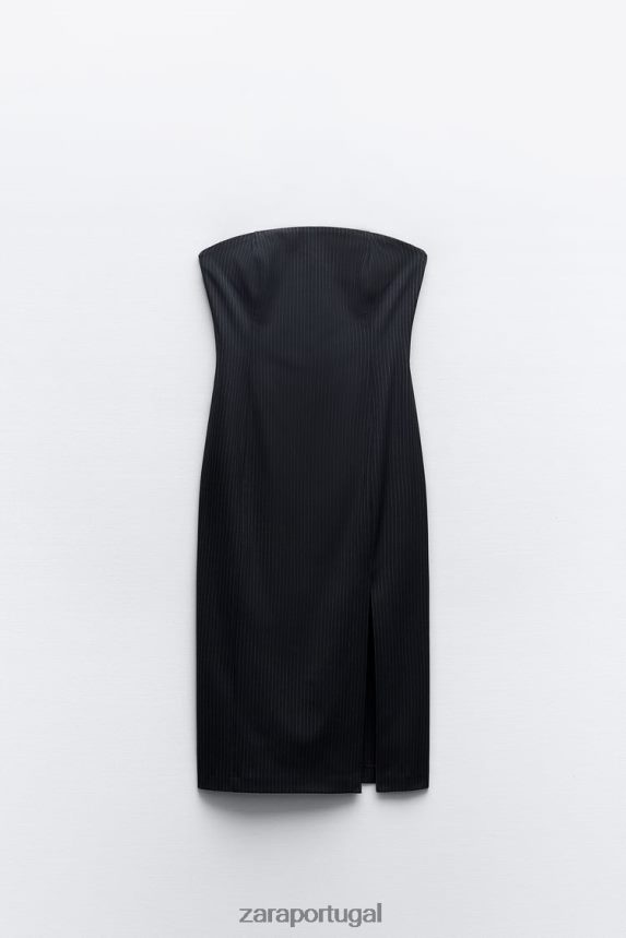 vestido midi listrado mulheres Zara preto/cru Z2080L226 roupas