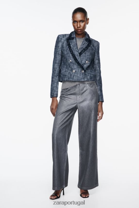 blazer curto texturizado mulheres Zara azul-marinho Z2080L181 roupas