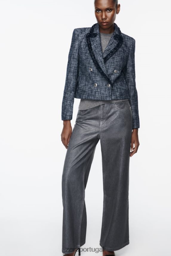 blazer curto texturizado mulheres Zara azul-marinho Z2080L181 roupas