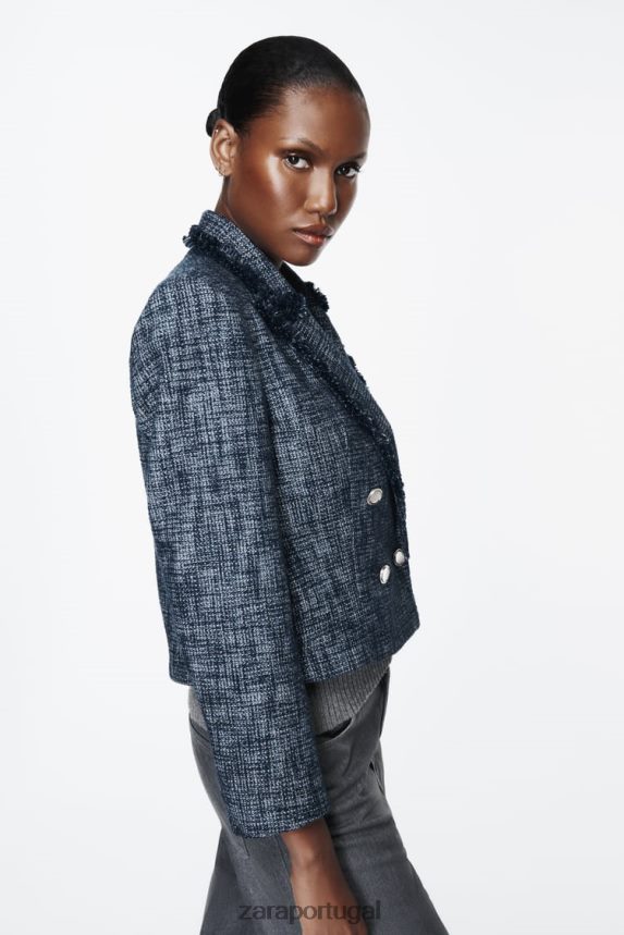 blazer curto texturizado mulheres Zara azul-marinho Z2080L181 roupas