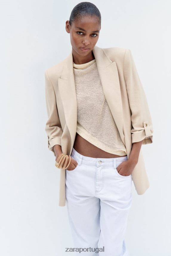 blazer de mistura de linho com manga enrolada e frente aberta mulheres Zara bege Z2080L168 roupas