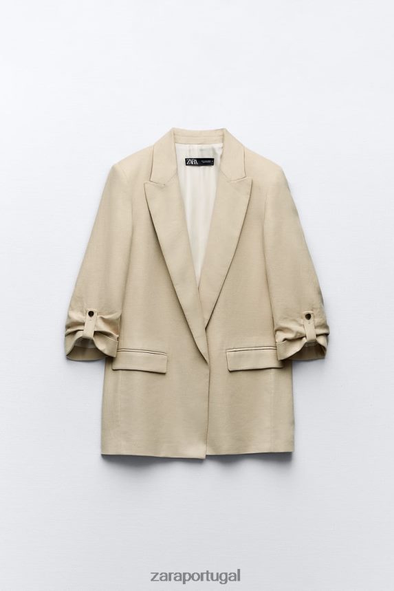 blazer de mistura de linho com manga enrolada e frente aberta mulheres Zara bege Z2080L168 roupas