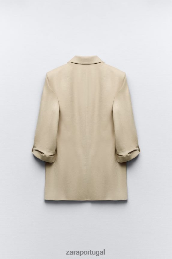 blazer de mistura de linho com manga enrolada e frente aberta mulheres Zara bege Z2080L168 roupas