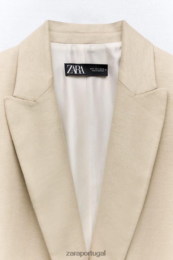 blazer de mistura de linho com manga enrolada e frente aberta mulheres Zara bege Z2080L168 roupas