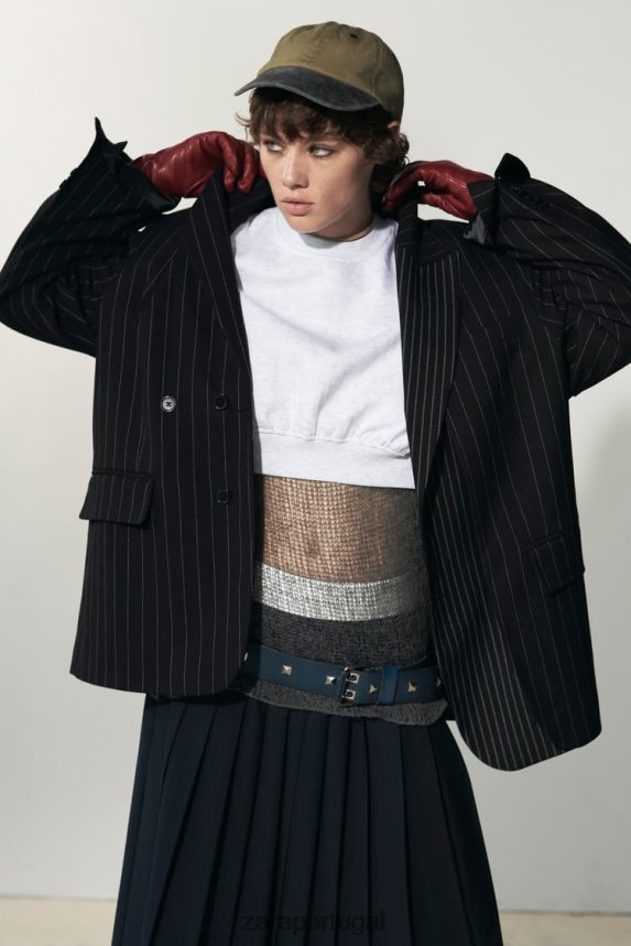 blazer risca de giz grande mulheres Zara preto Z2080L142 roupas