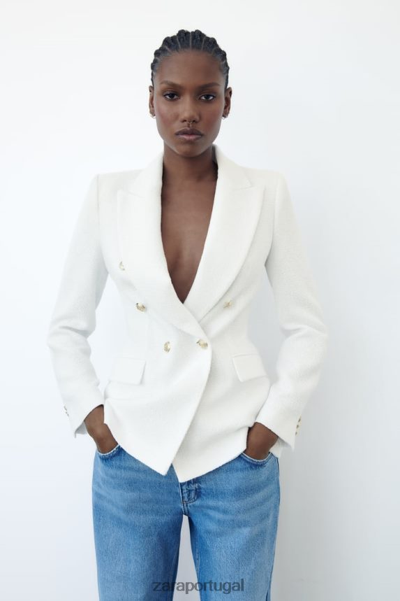 jaqueta trespassada texturizada mulheres Zara ostra branca Z2080L175 roupas