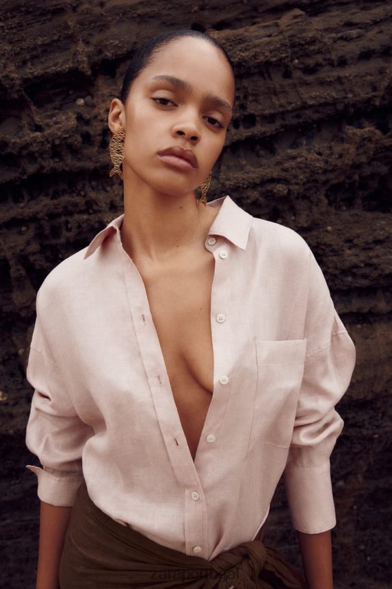 Camisa 100% linho mulheres Zara bege/rosa Z2080L365 roupas