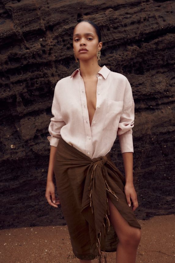 Camisa 100% linho mulheres Zara bege/rosa Z2080L365 roupas