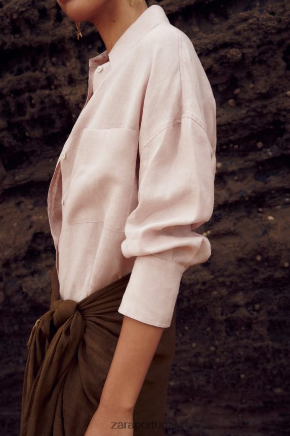 Camisa 100% linho mulheres Zara bege/rosa Z2080L365 roupas
