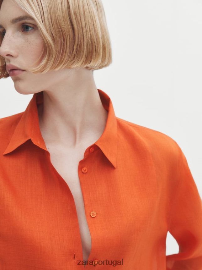 Camisa 100% rami com detalhe no peito mulheres Zara laranja Z2080L862 roupas