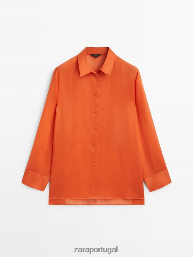 Camisa 100% rami com detalhe no peito mulheres Zara laranja Z2080L862 roupas