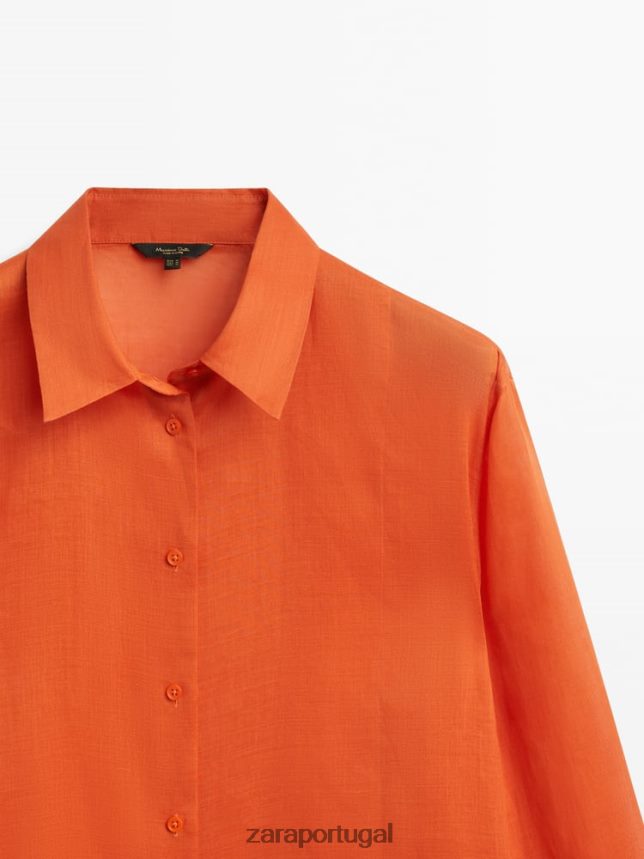 Camisa 100% rami com detalhe no peito mulheres Zara laranja Z2080L862 roupas