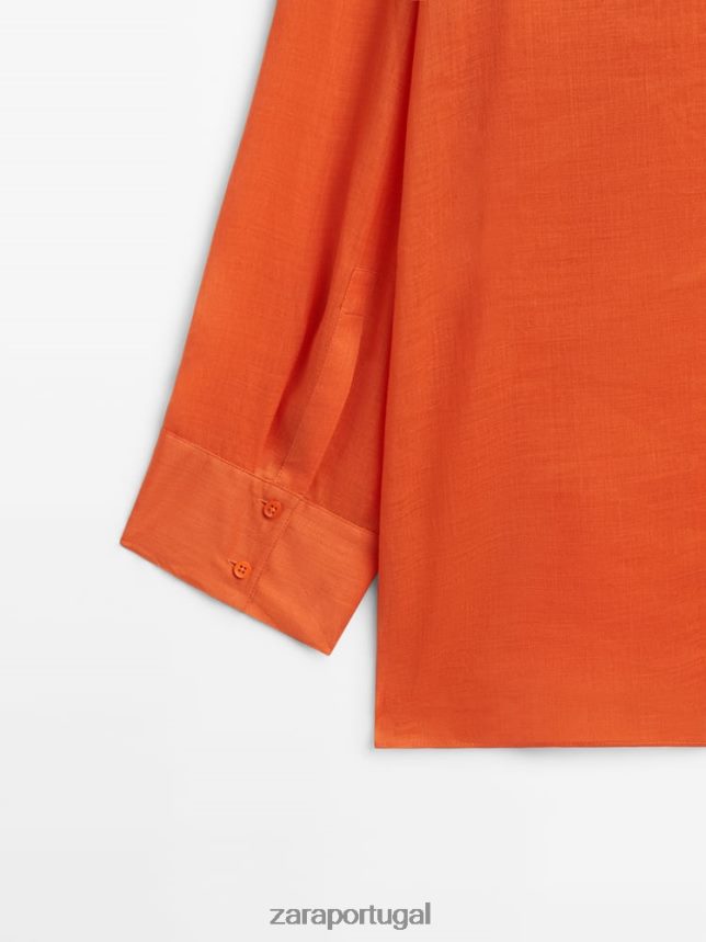 Camisa 100% rami com detalhe no peito mulheres Zara laranja Z2080L862 roupas