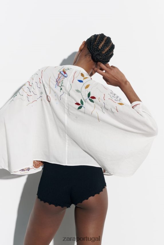 blusa de algodão bordada mulheres Zara ostra branca Z2080L400 roupas