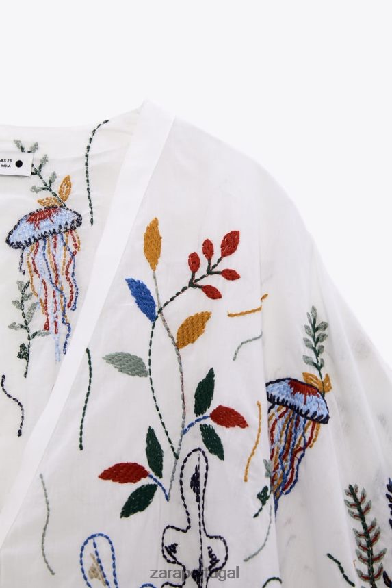 blusa de algodão bordada mulheres Zara ostra branca Z2080L400 roupas