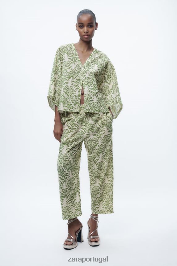 blusa de algodão estampada mulheres Zara verde Z2080L447 roupas