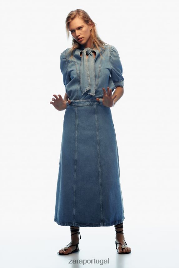 blusa jeans z1975 amarrada mulheres Zara meio azul Z2080L366 roupas
