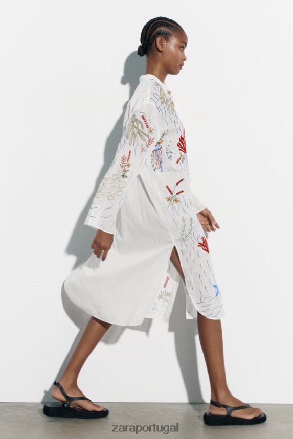 blusa longa bordada mulheres Zara ostra branca Z2080L362 roupas
