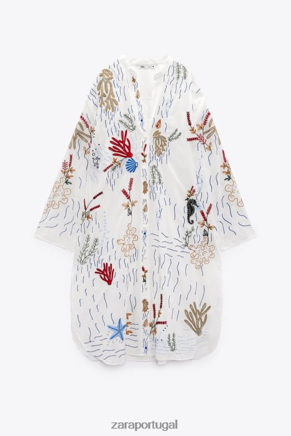 blusa longa bordada mulheres Zara ostra branca Z2080L362 roupas