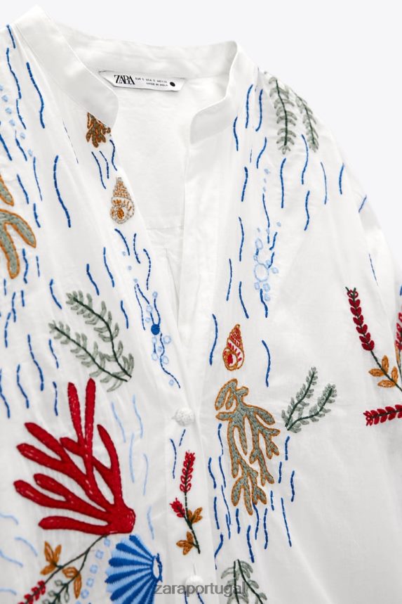 blusa longa bordada mulheres Zara ostra branca Z2080L362 roupas
