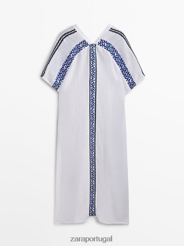 blusa maxi camisa de linho bordada mulheres Zara branco Z2080L842 roupas