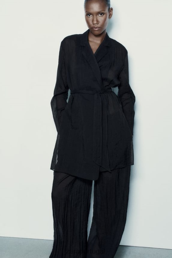 blusa minimalista com cinto mulheres Zara preto Z2080L370 roupas