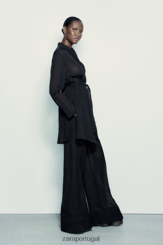 blusa minimalista com cinto mulheres Zara preto Z2080L370 roupas