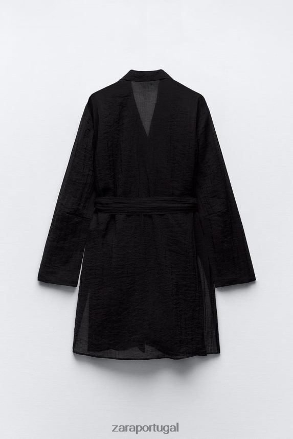 blusa minimalista com cinto mulheres Zara preto Z2080L370 roupas